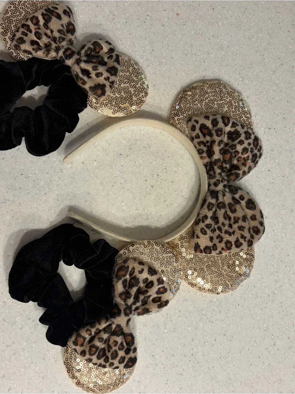 Leopard Print Sequin Minnie Mouse Ears Headband & Scrunchie Set Girl Accessories